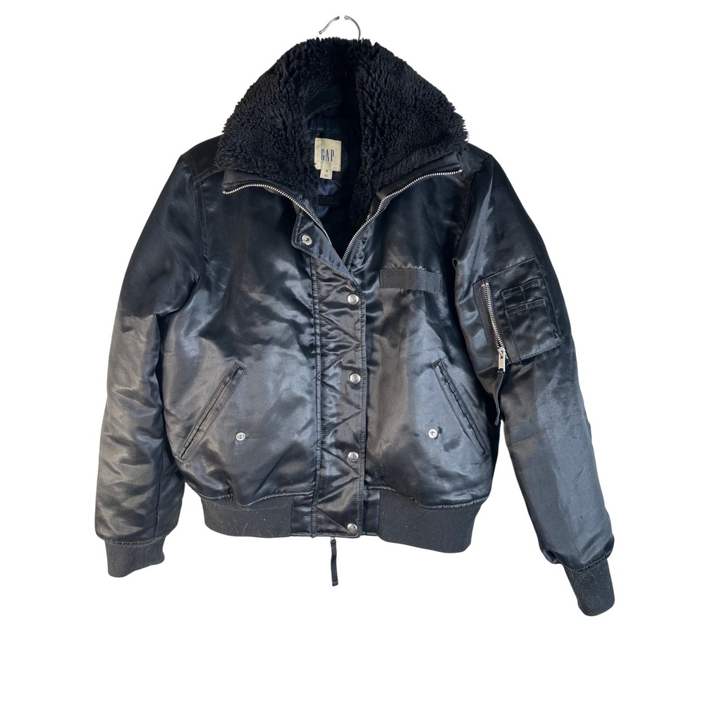 Gap Women's Black Faux Fur Collar PrimaLoft Satin Classic Bomber Jacket Size XS
